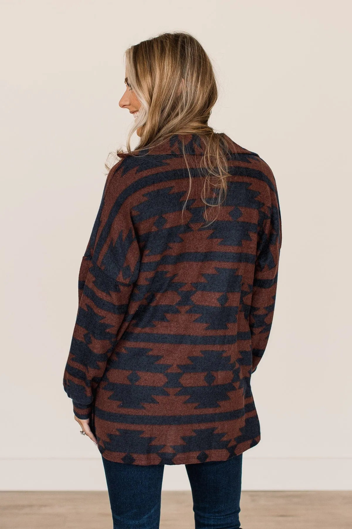 Road Less Traveled Aztec Button Top- Copper & Navy