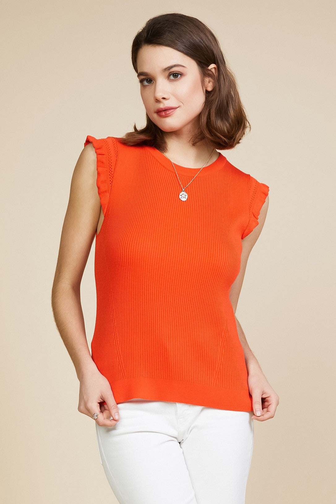 Ruffle Sleeve Detail Knit Top - Coral Red