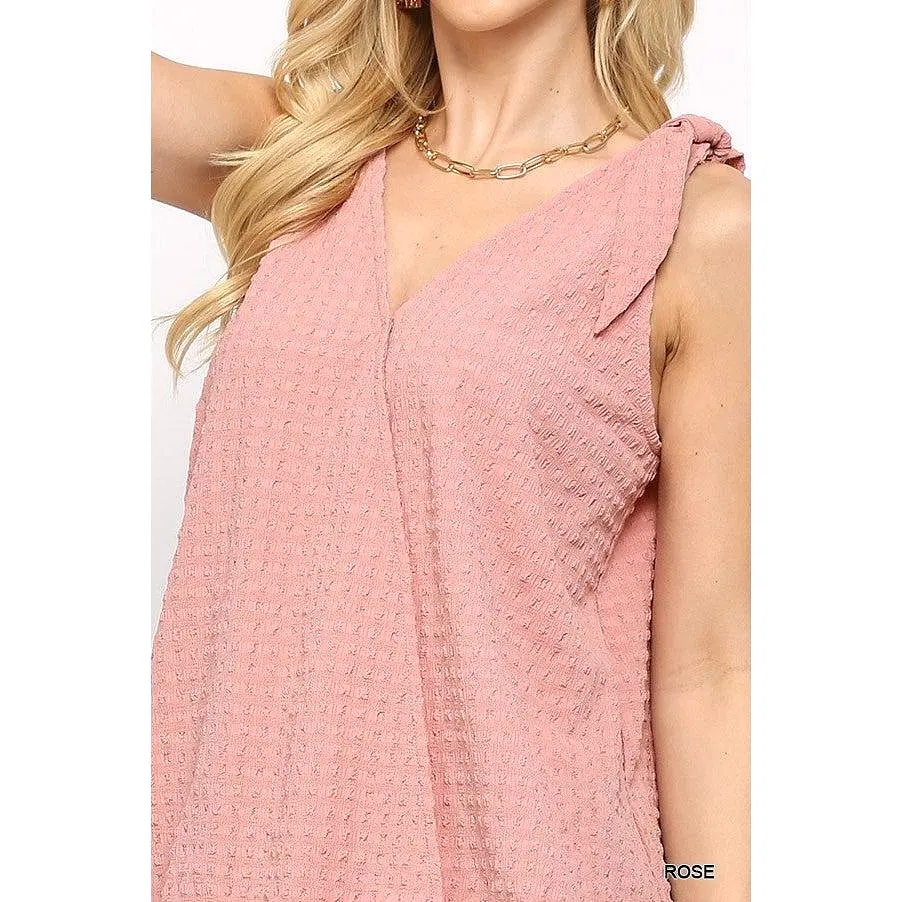 Solid Textured And Sleeveless Surplice Top With Shoulder Tie