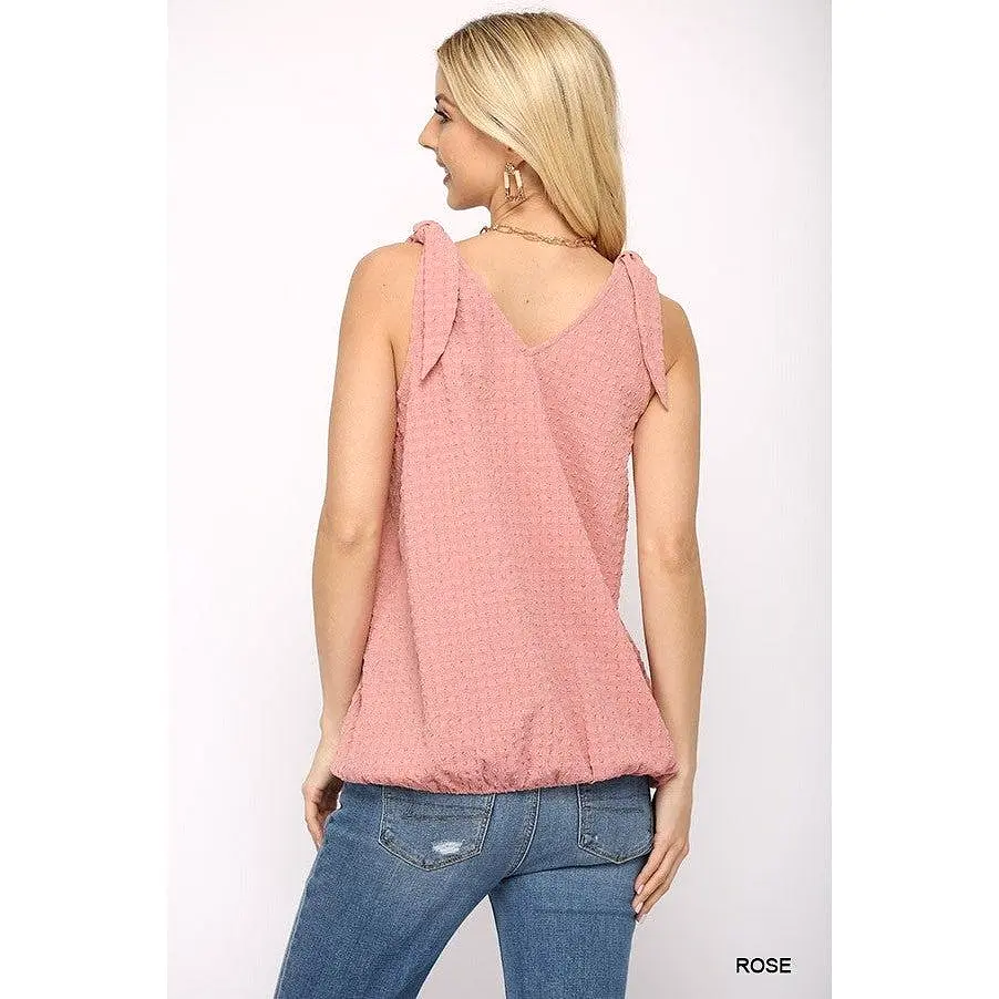 Solid Textured And Sleeveless Surplice Top With Shoulder Tie