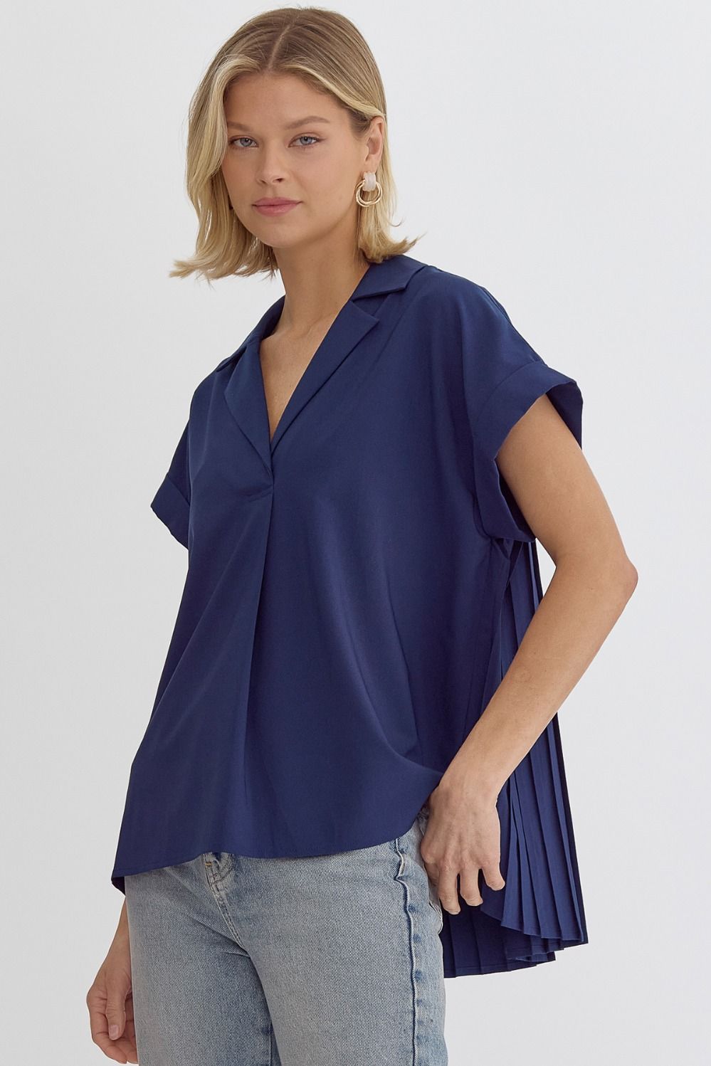 Solid V-Neck Short Sleeve Collared Back Pleat Detail Top