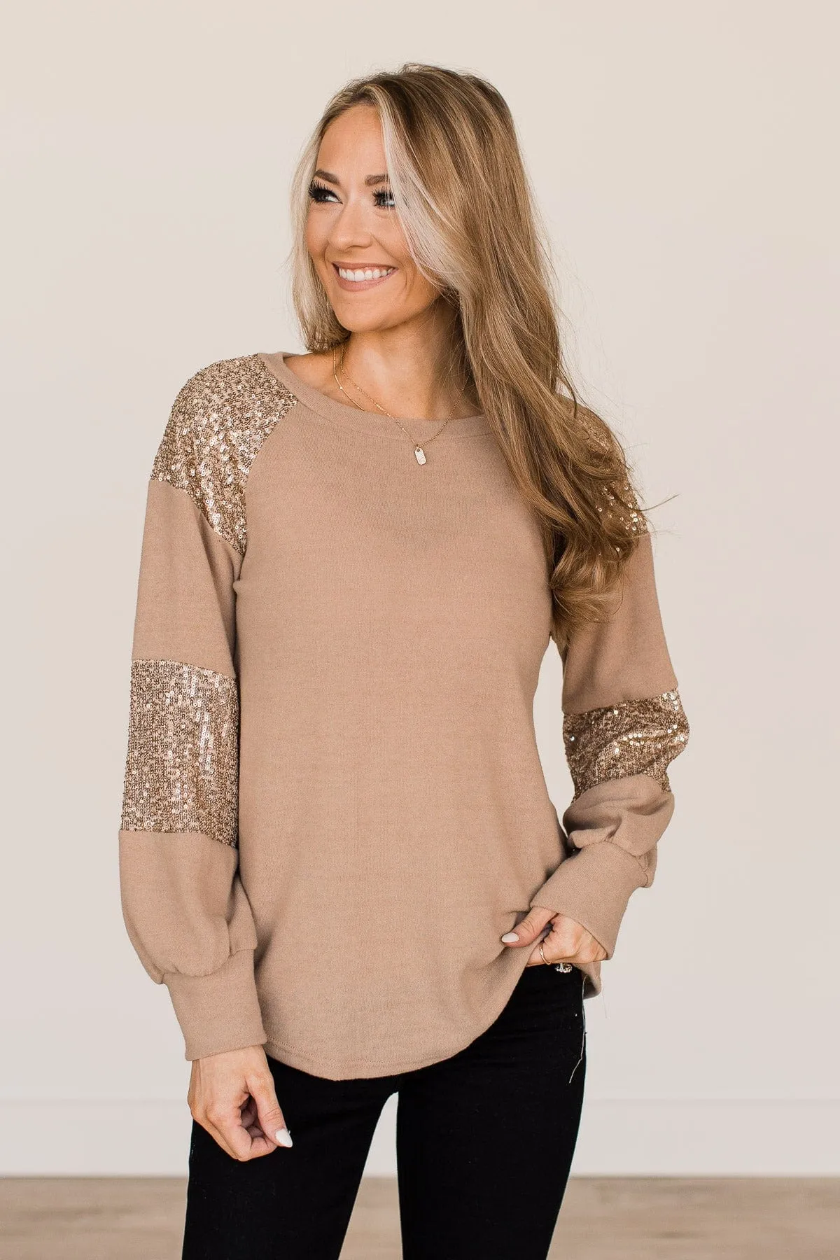 Special Moments Sequin Top- Light Mocha