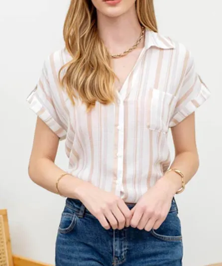 Stripe Button Down Top - Khaki Multi