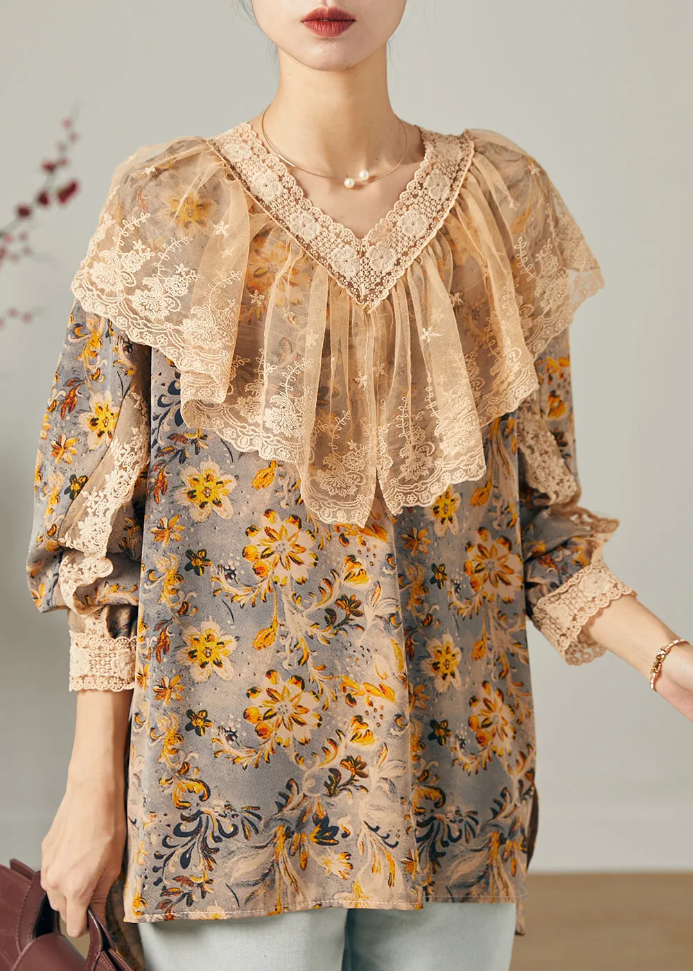 Stylish Khaki V Neck Print Chiffon Shirt Top Spring