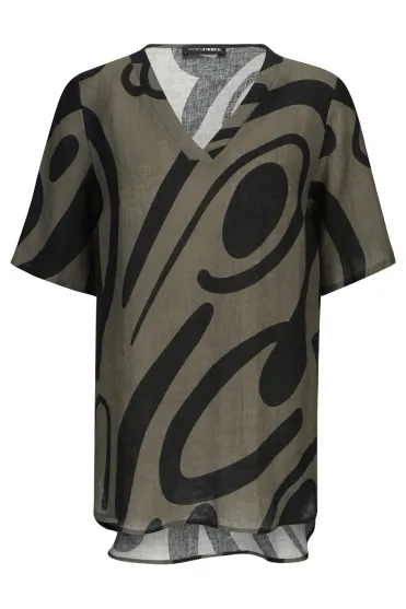 Swirl Print Linen Top - Khaki - 256 441-78