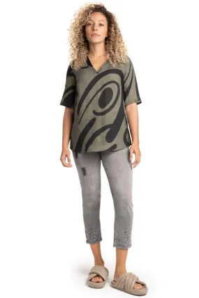 Swirl Print Linen Top - Khaki - 256 441-78