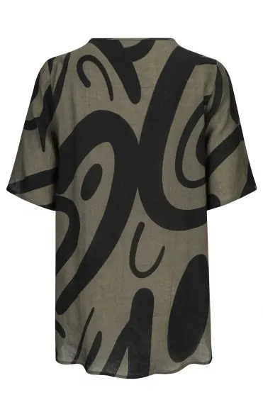 Swirl Print Linen Top - Khaki - 256 441-78