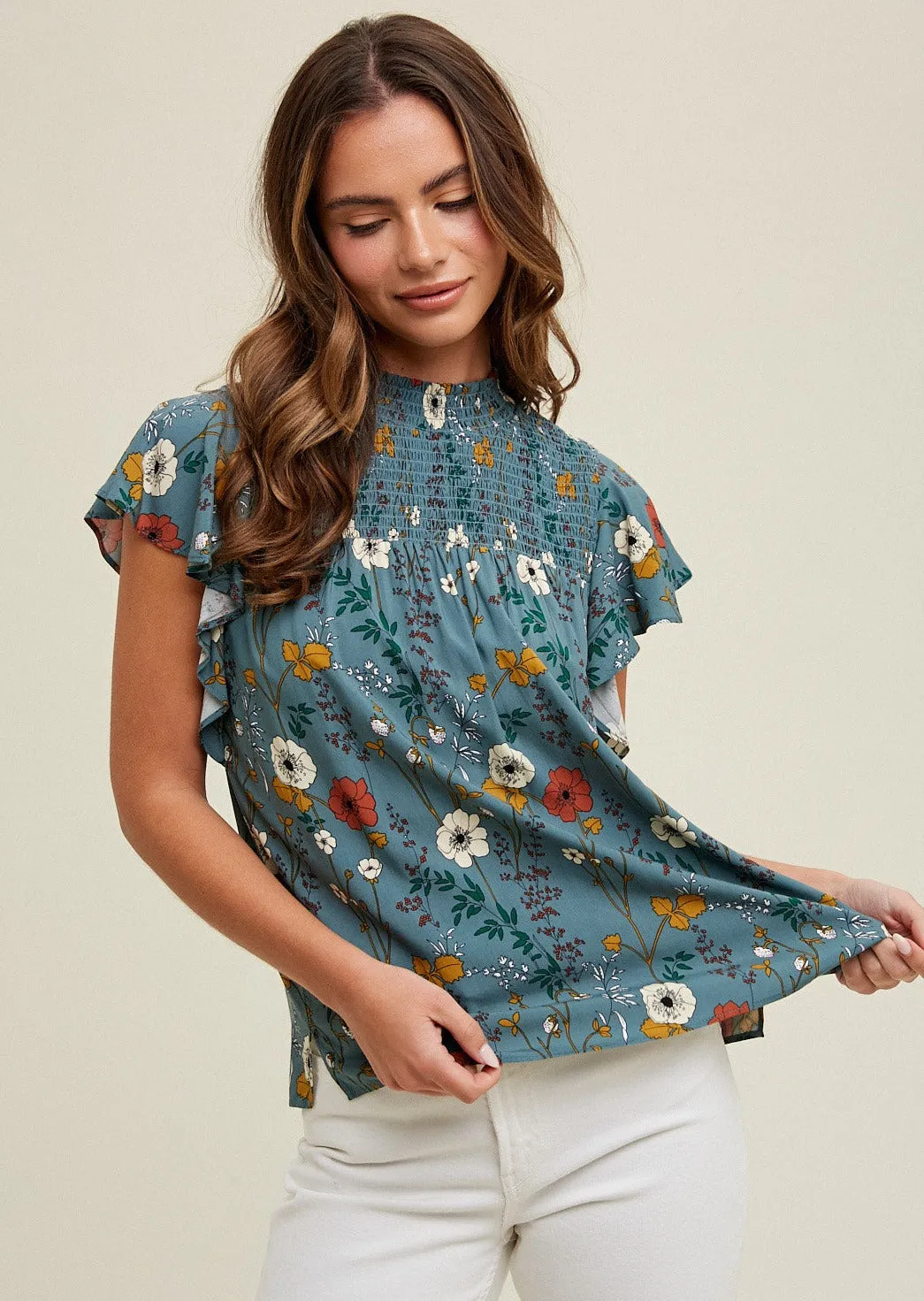 Teal Floral Smocked Detail Top