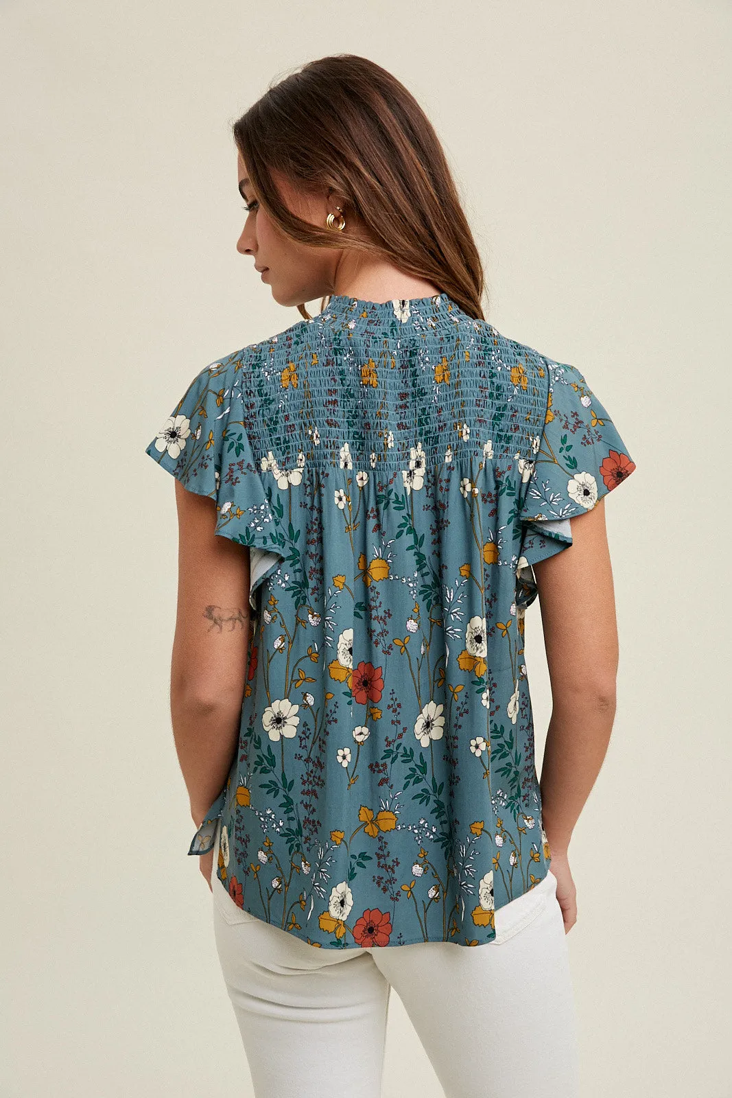 Teal Floral Smocked Detail Top