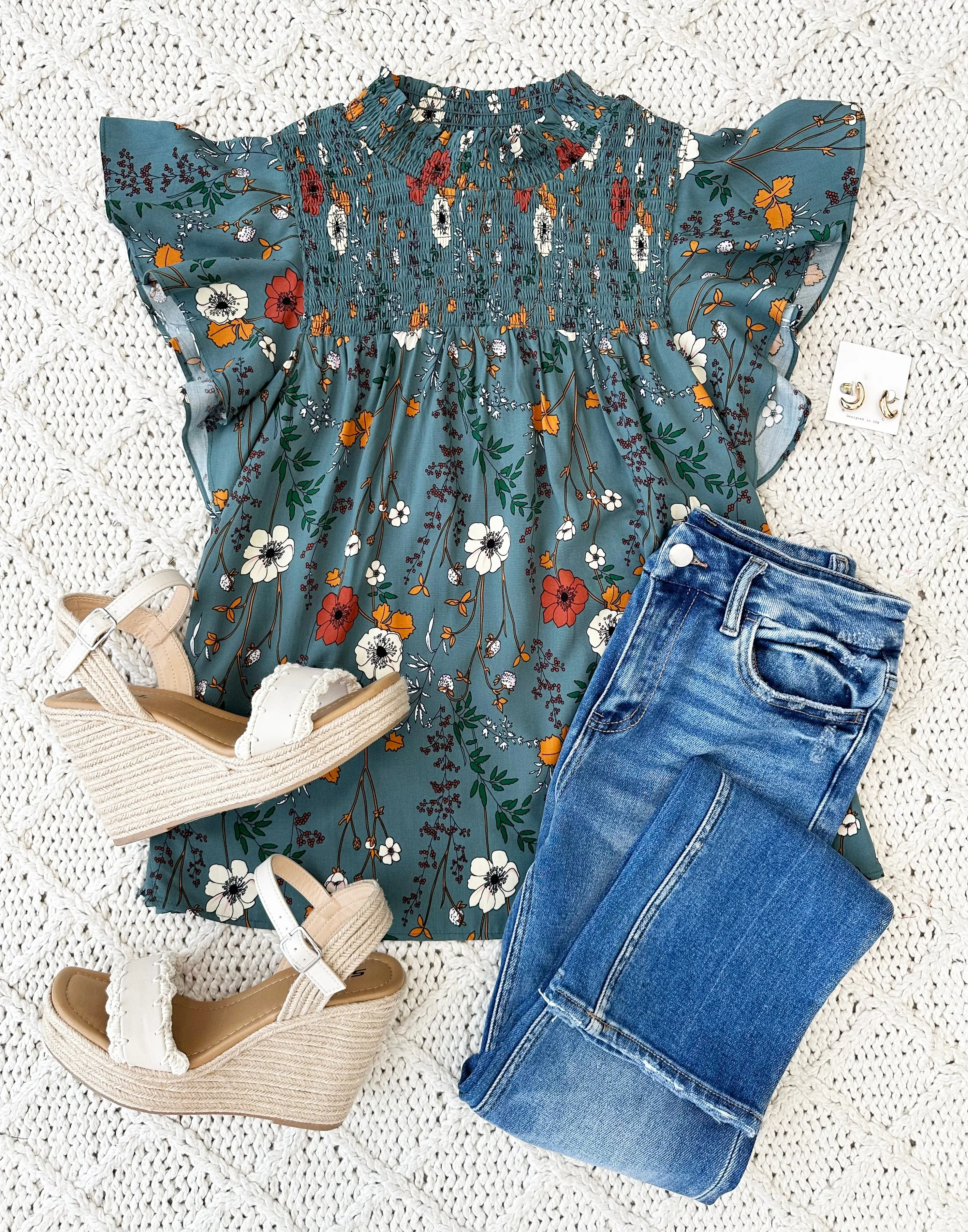 Teal Floral Smocked Detail Top