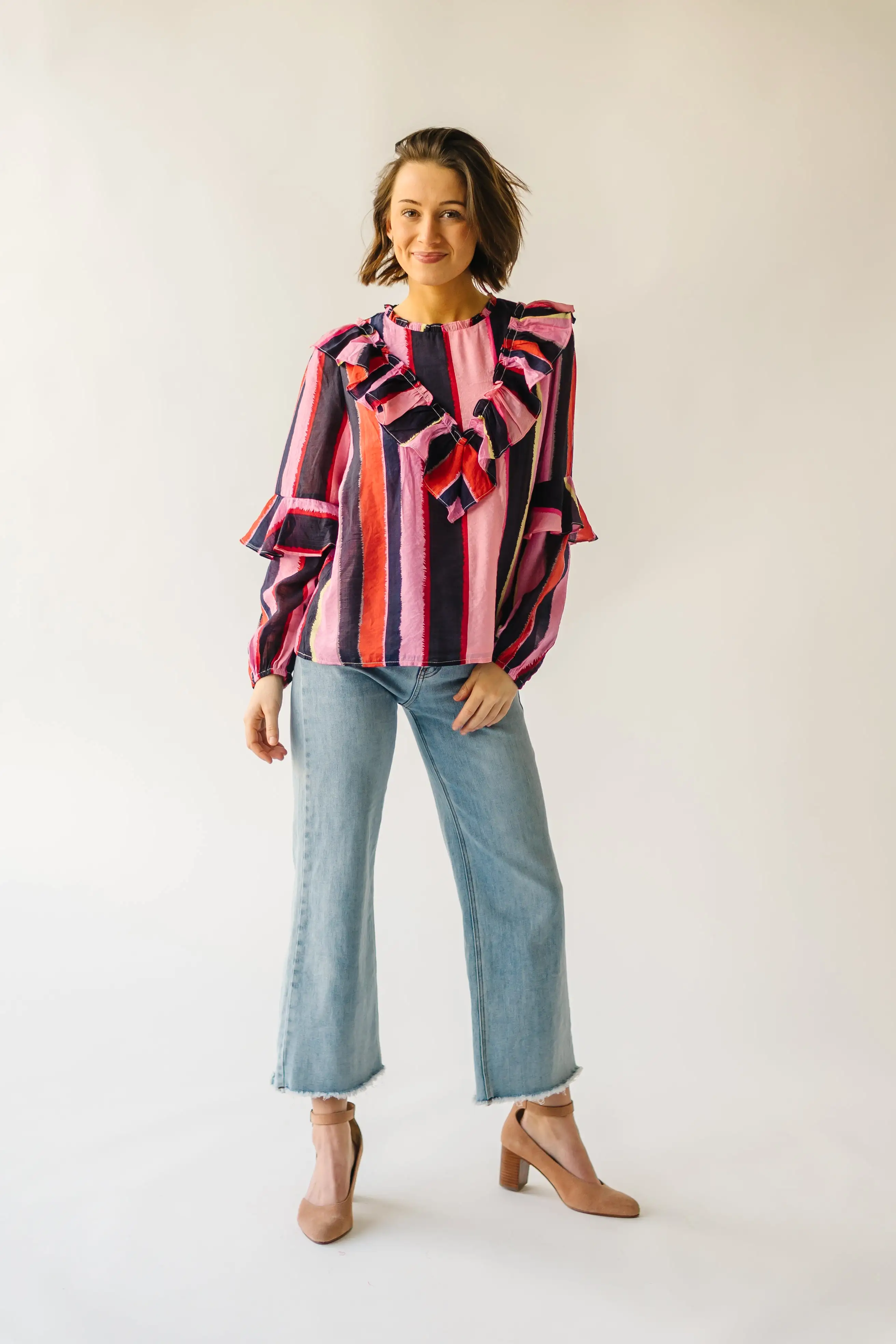 The Belterra Ruffle Detail Blouse in Pink Stripe