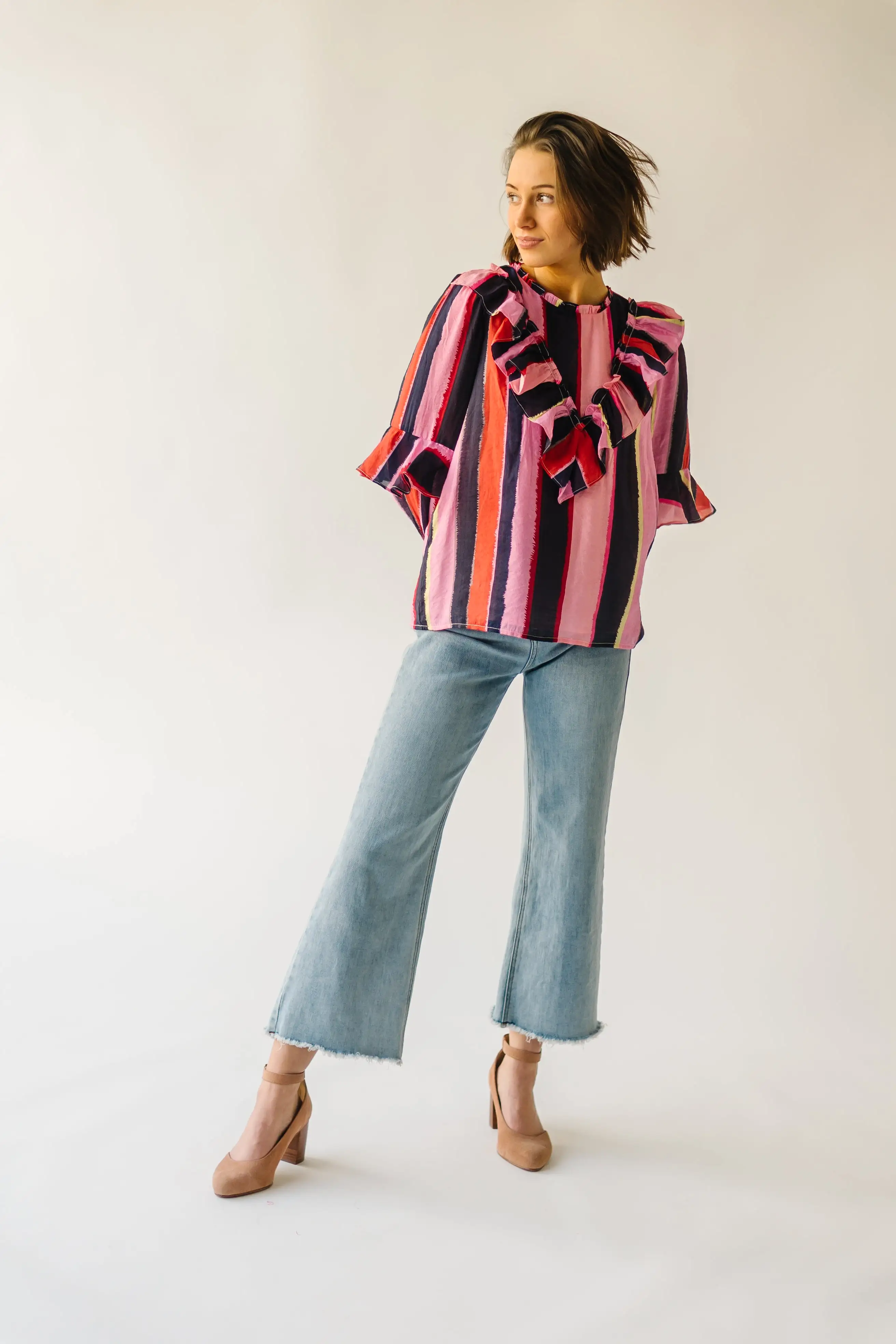 The Belterra Ruffle Detail Blouse in Pink Stripe