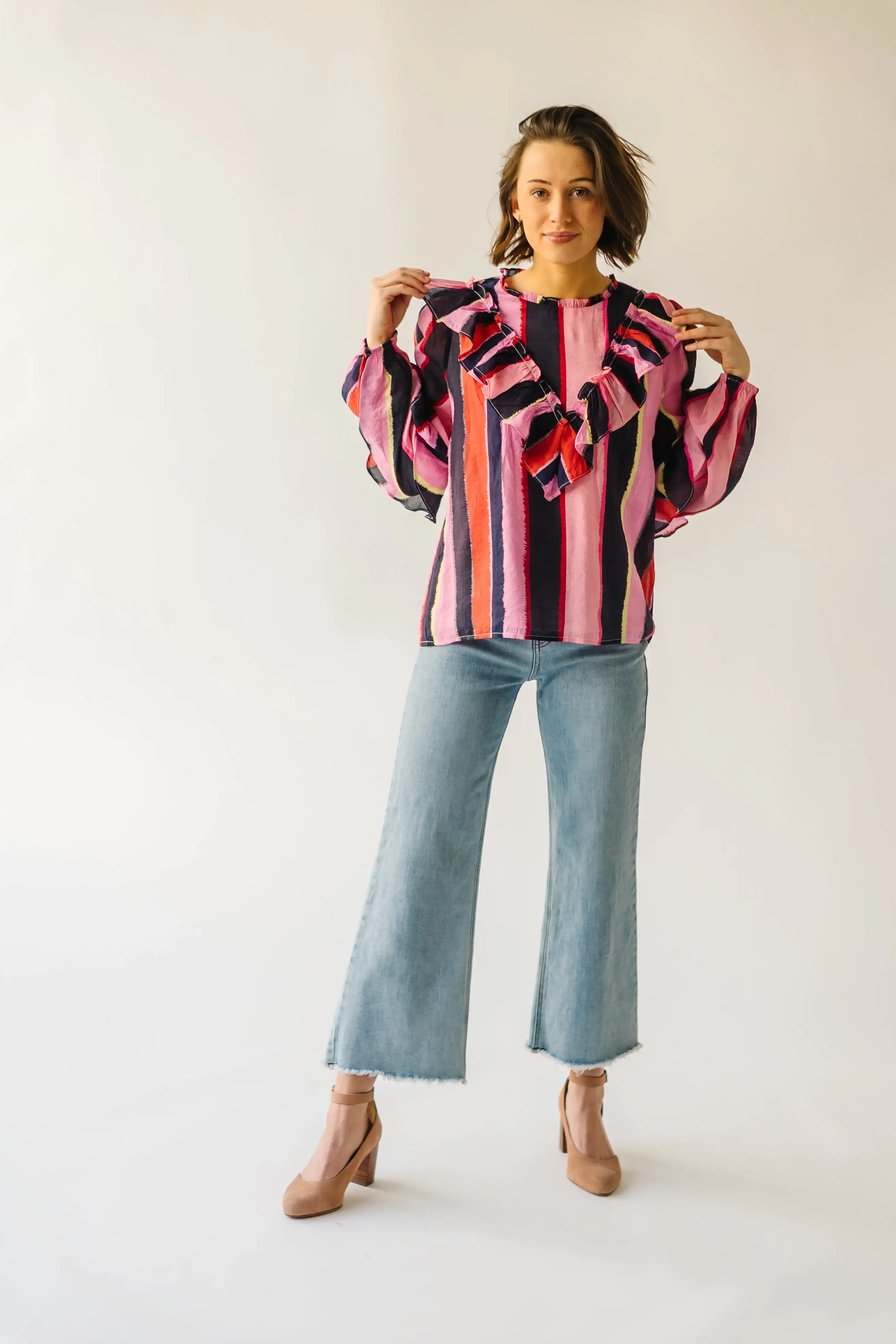 The Belterra Ruffle Detail Blouse in Pink Stripe