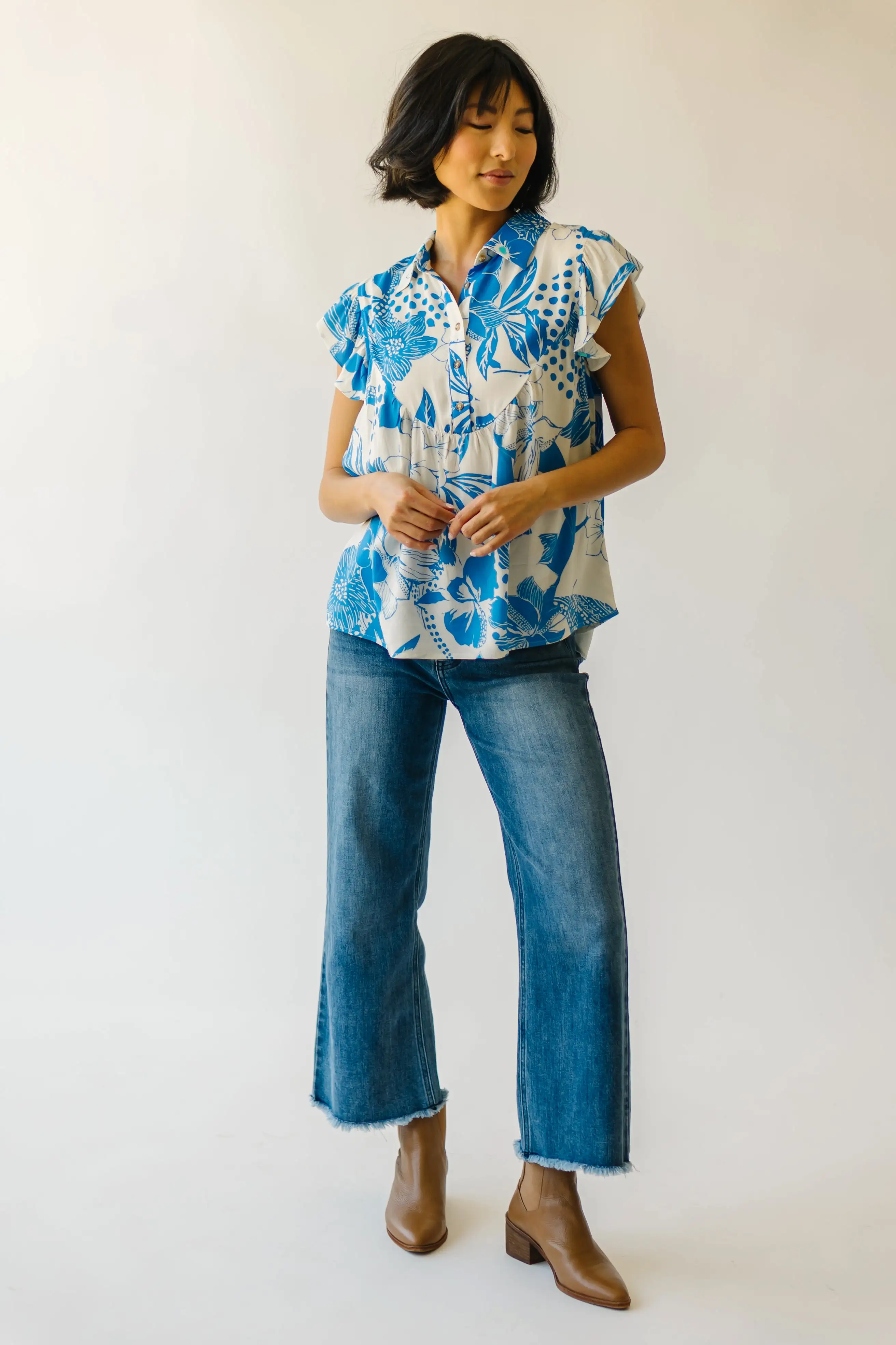 The Cason Ruffle Detail Blouse in Blue Multi