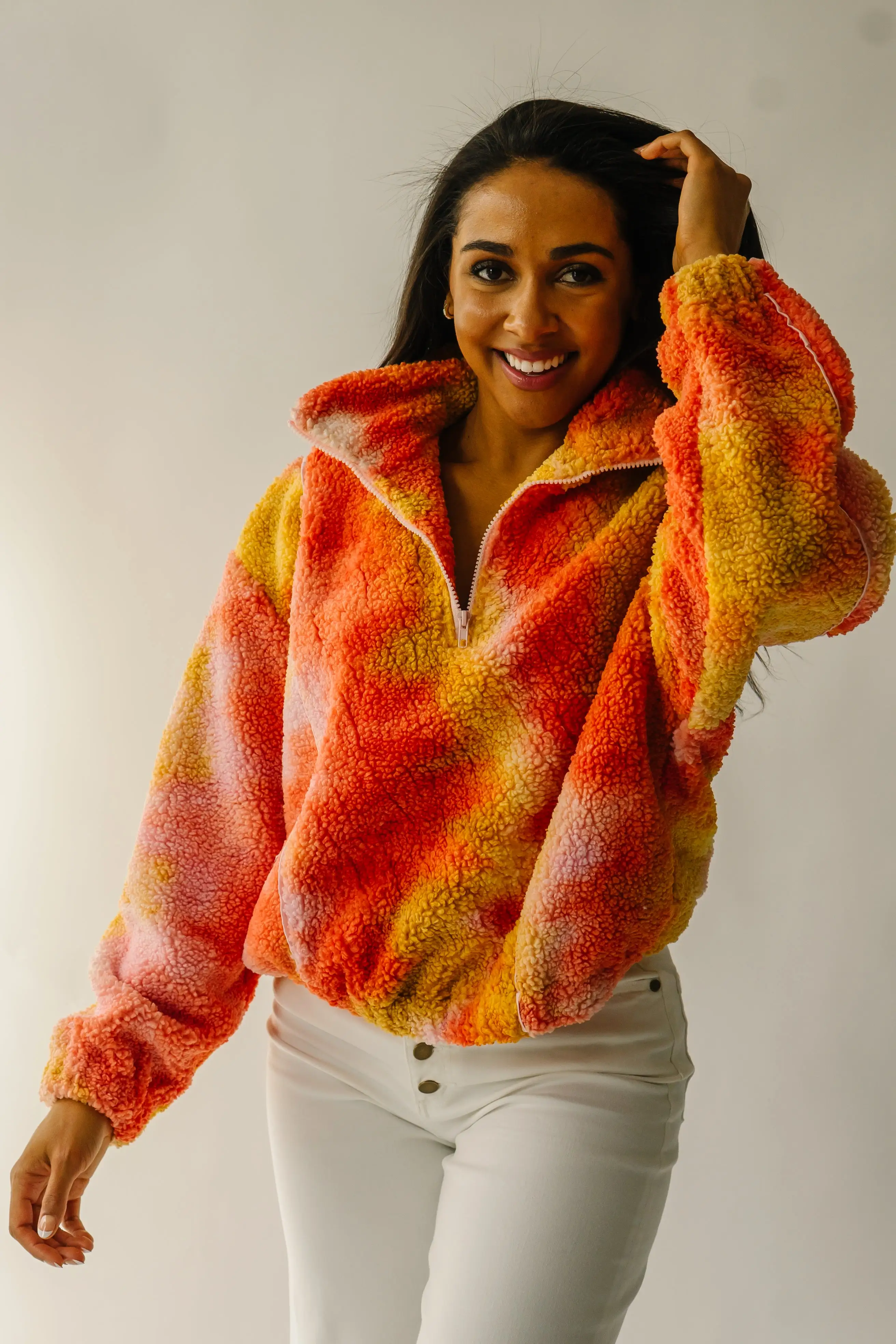 The Tilden Satin Detail Pullover in Orange + Pink Multi