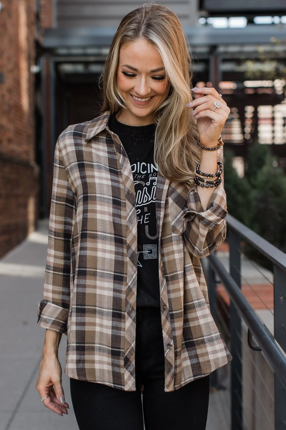 Time To Break Free Plaid Button Top- Khaki