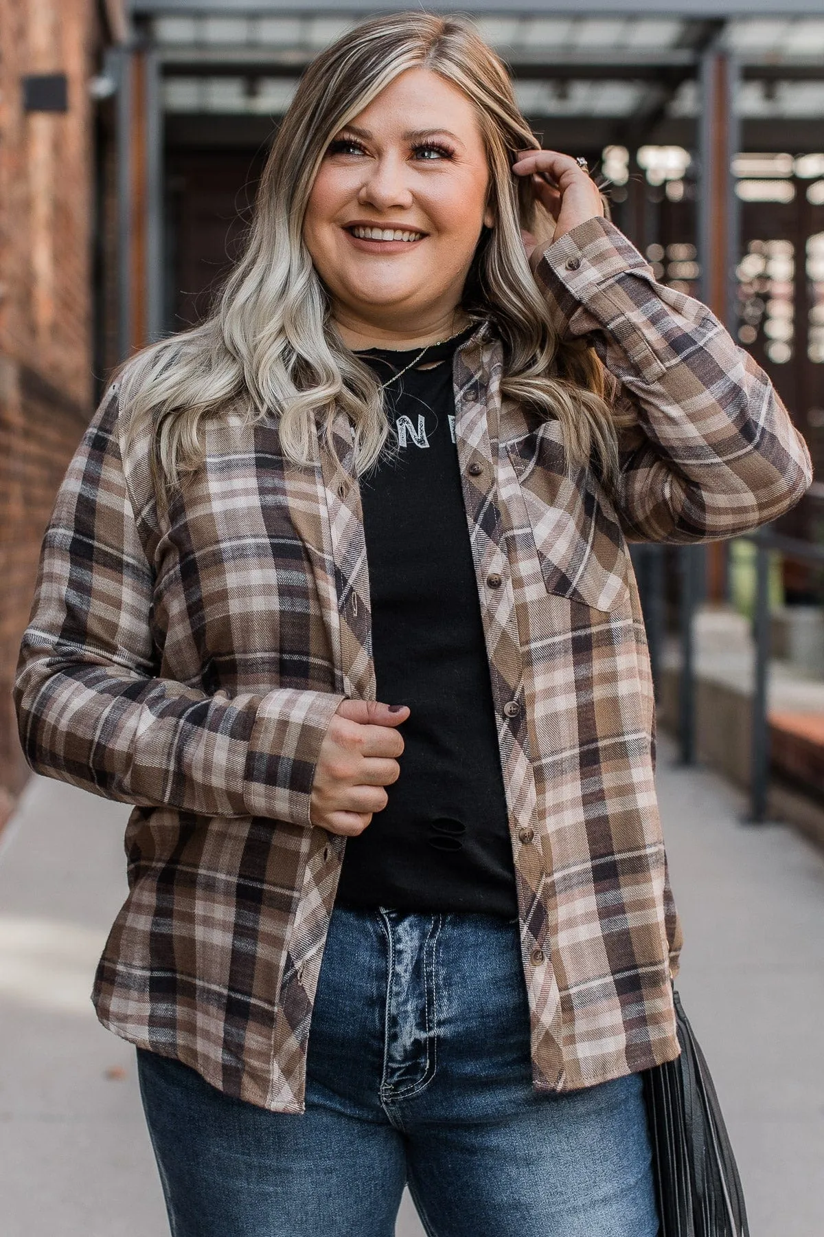 Time To Break Free Plaid Button Top- Khaki