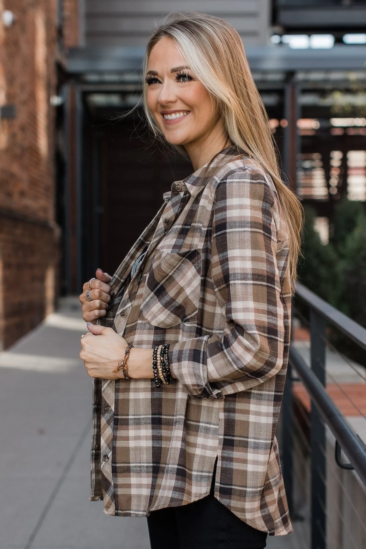 Time To Break Free Plaid Button Top- Khaki