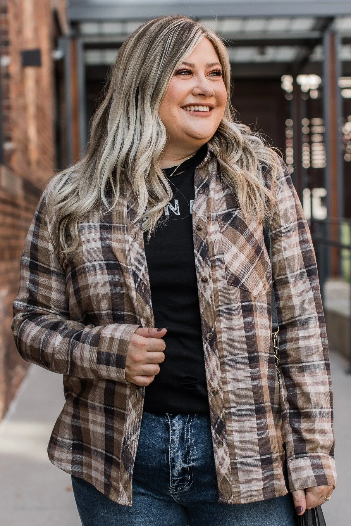 Time To Break Free Plaid Button Top- Khaki