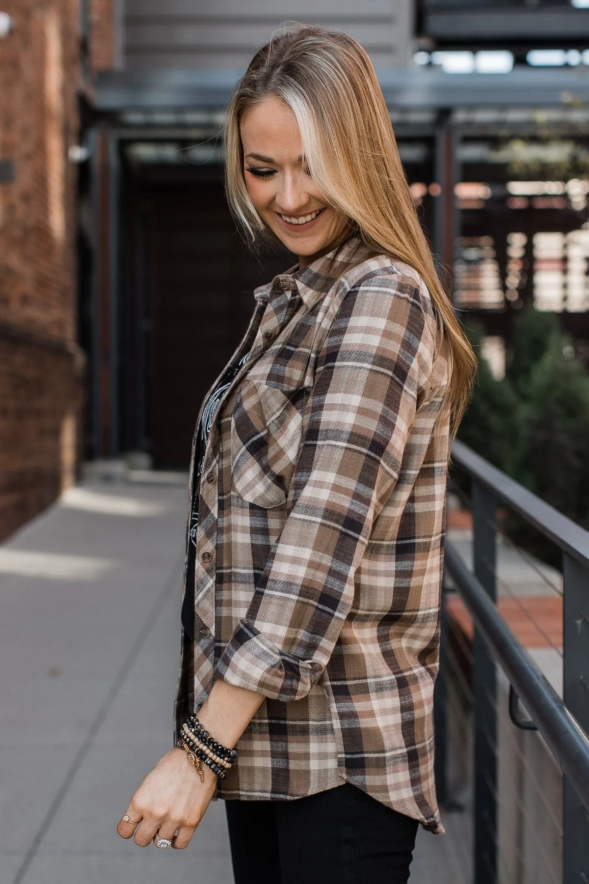 Time To Break Free Plaid Button Top- Khaki