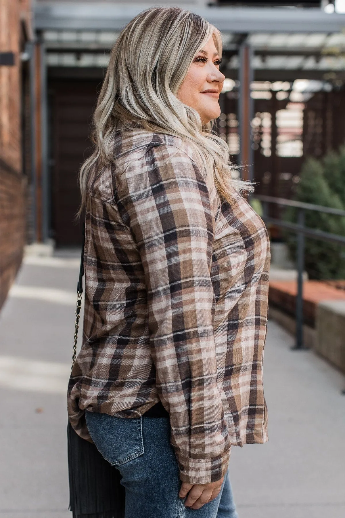 Time To Break Free Plaid Button Top- Khaki