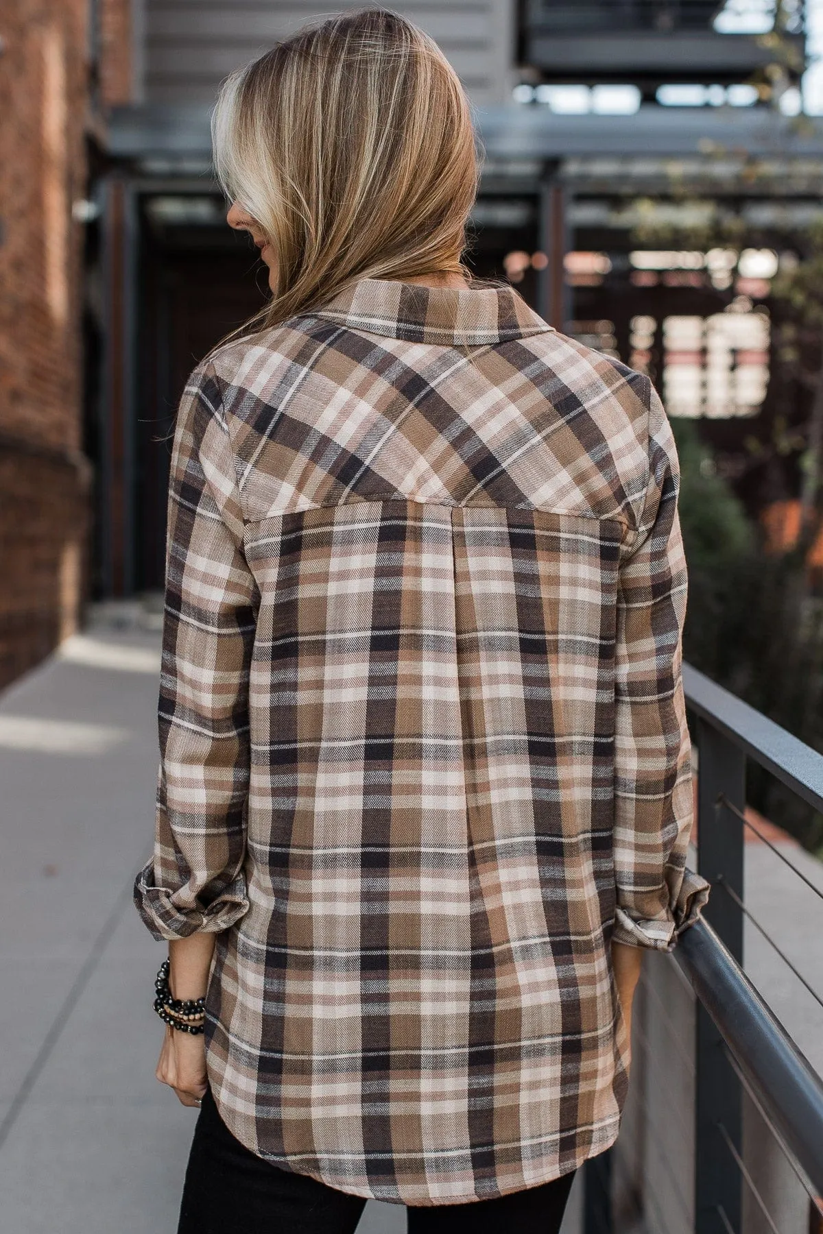 Time To Break Free Plaid Button Top- Khaki