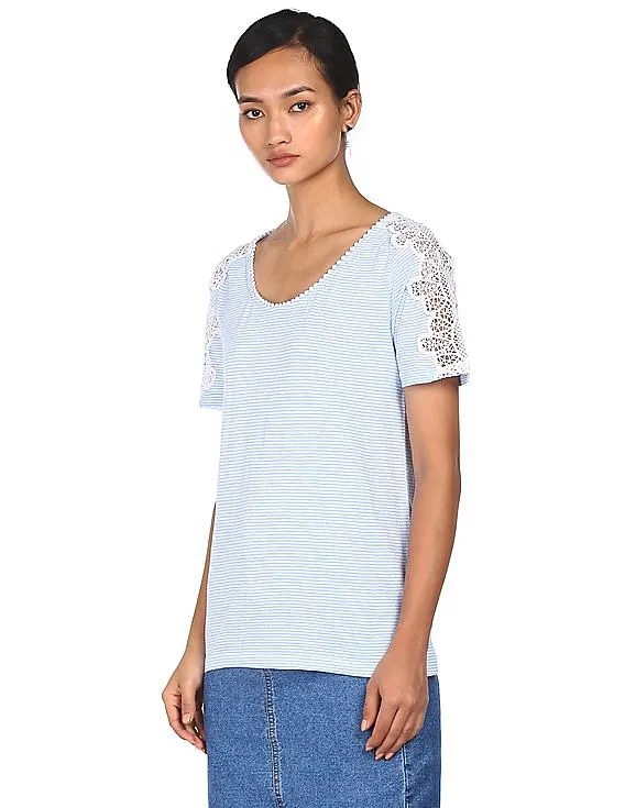 Tommy Hilfiger Women Light Blue Round Neck Ithaca Stripe Crochet Top