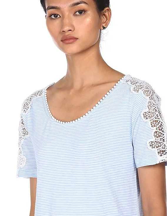 Tommy Hilfiger Women Light Blue Round Neck Ithaca Stripe Crochet Top