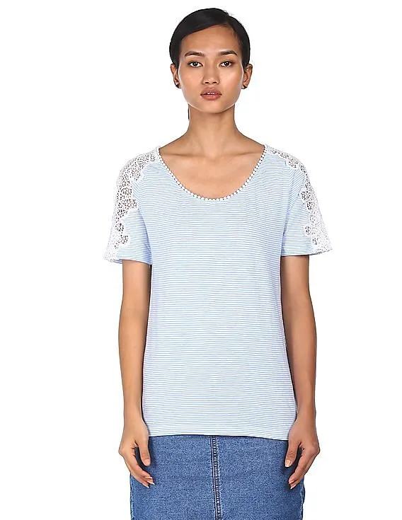 Tommy Hilfiger Women Light Blue Round Neck Ithaca Stripe Crochet Top