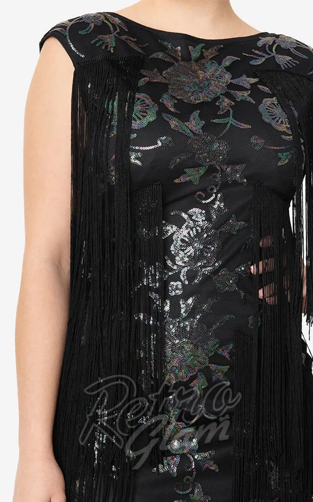 Unique Vintage Bayonne Floral Sequin Fringe Flapper Dress in Black - S & L