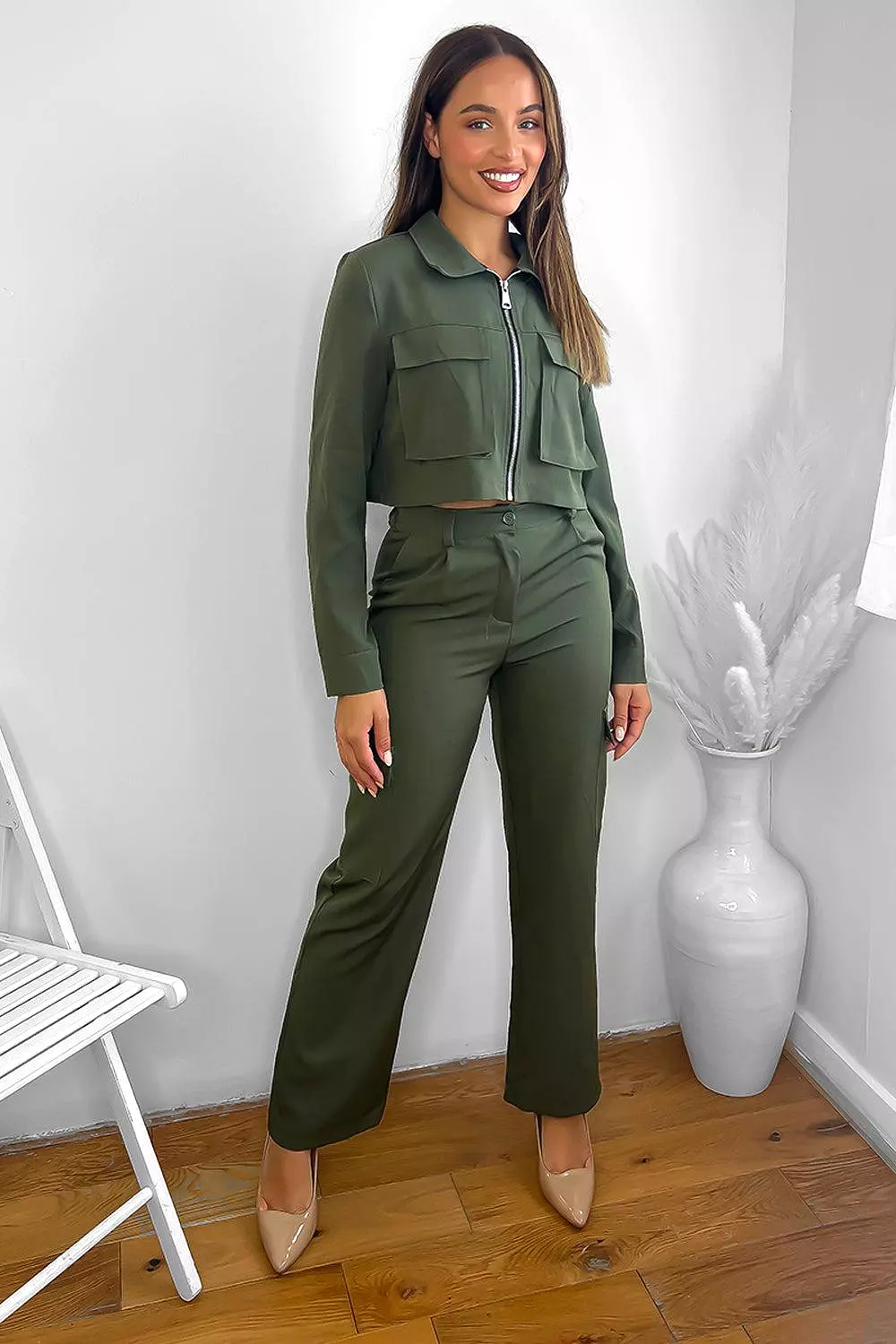 Utility Pocket Straight Leg Trousers Zip Up Top Co-Ord Set