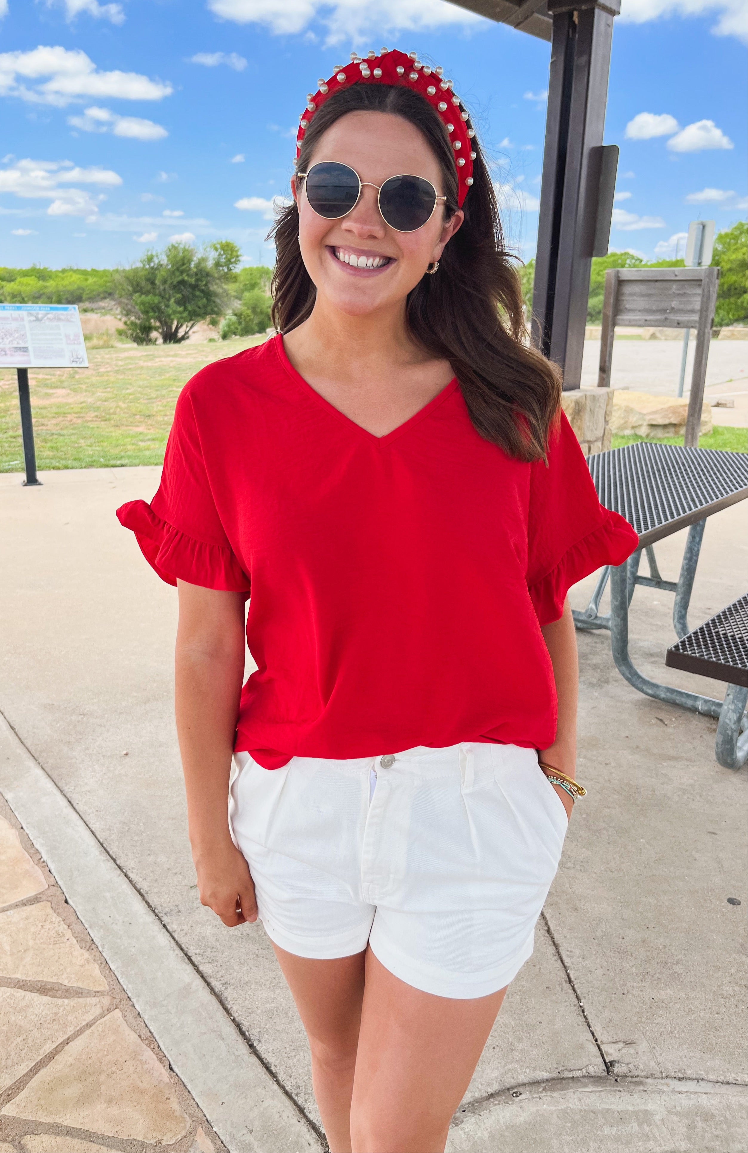 V-Neck Ruffle Detail Top - Red