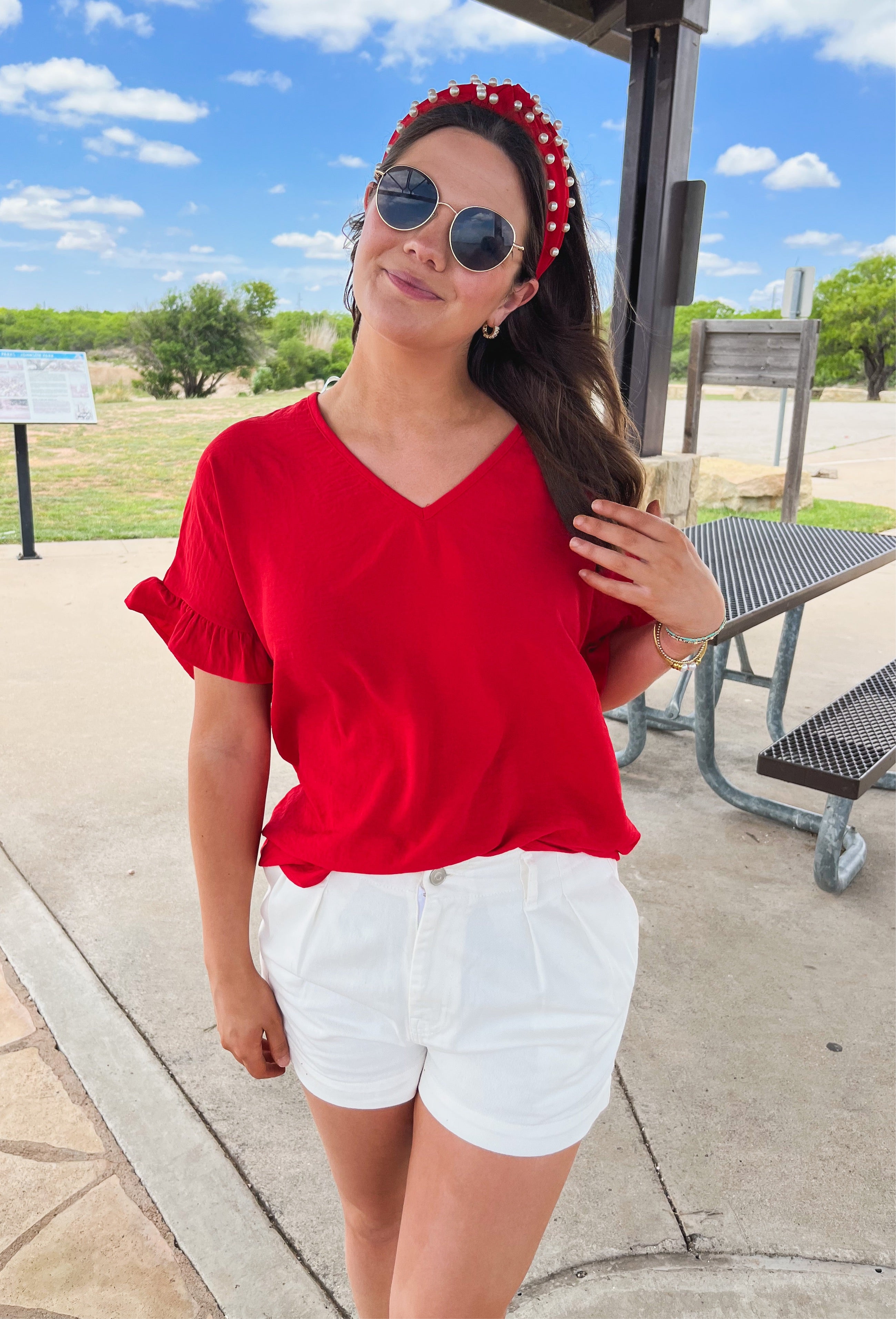 V-Neck Ruffle Detail Top - Red