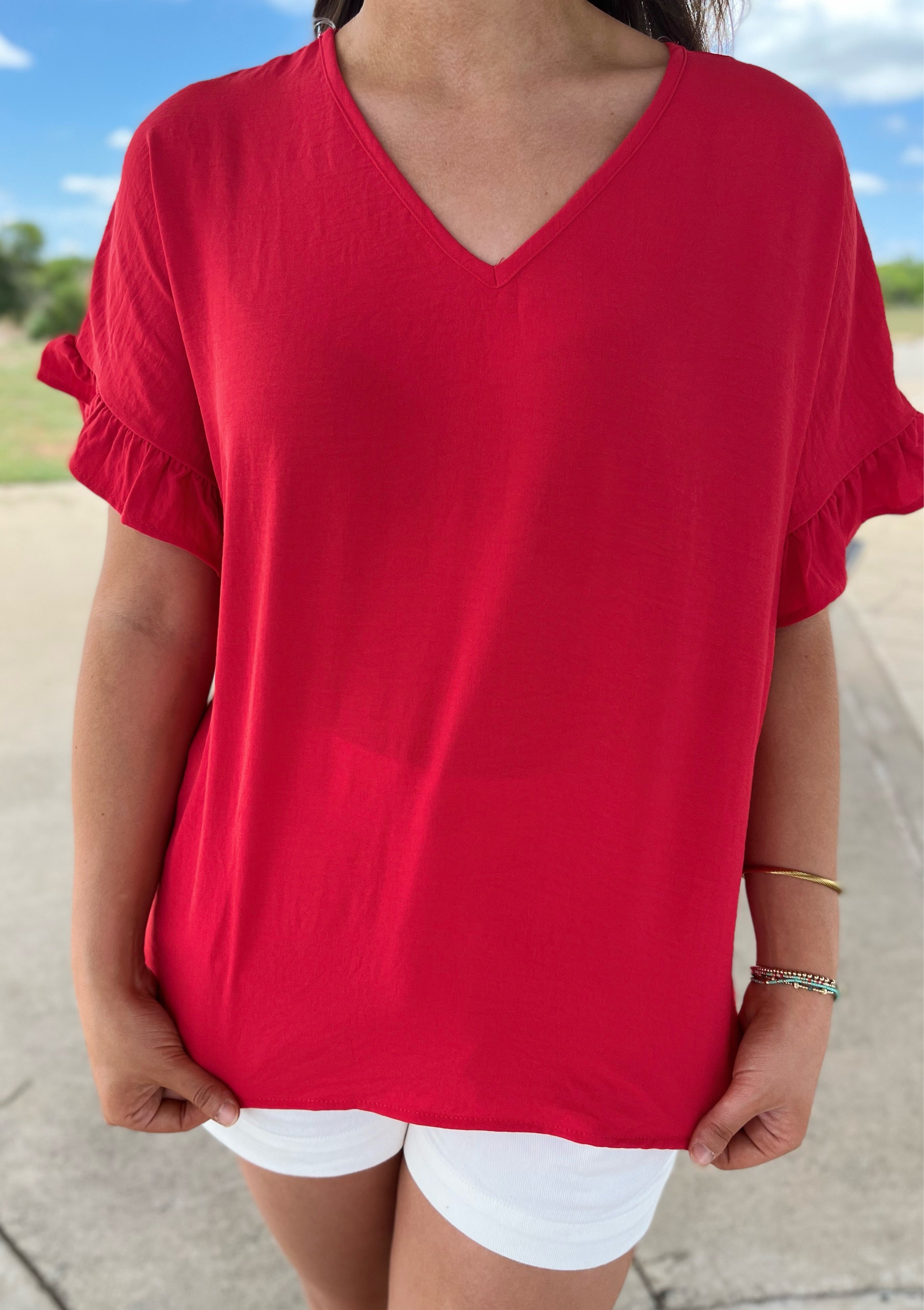 V-Neck Ruffle Detail Top - Red