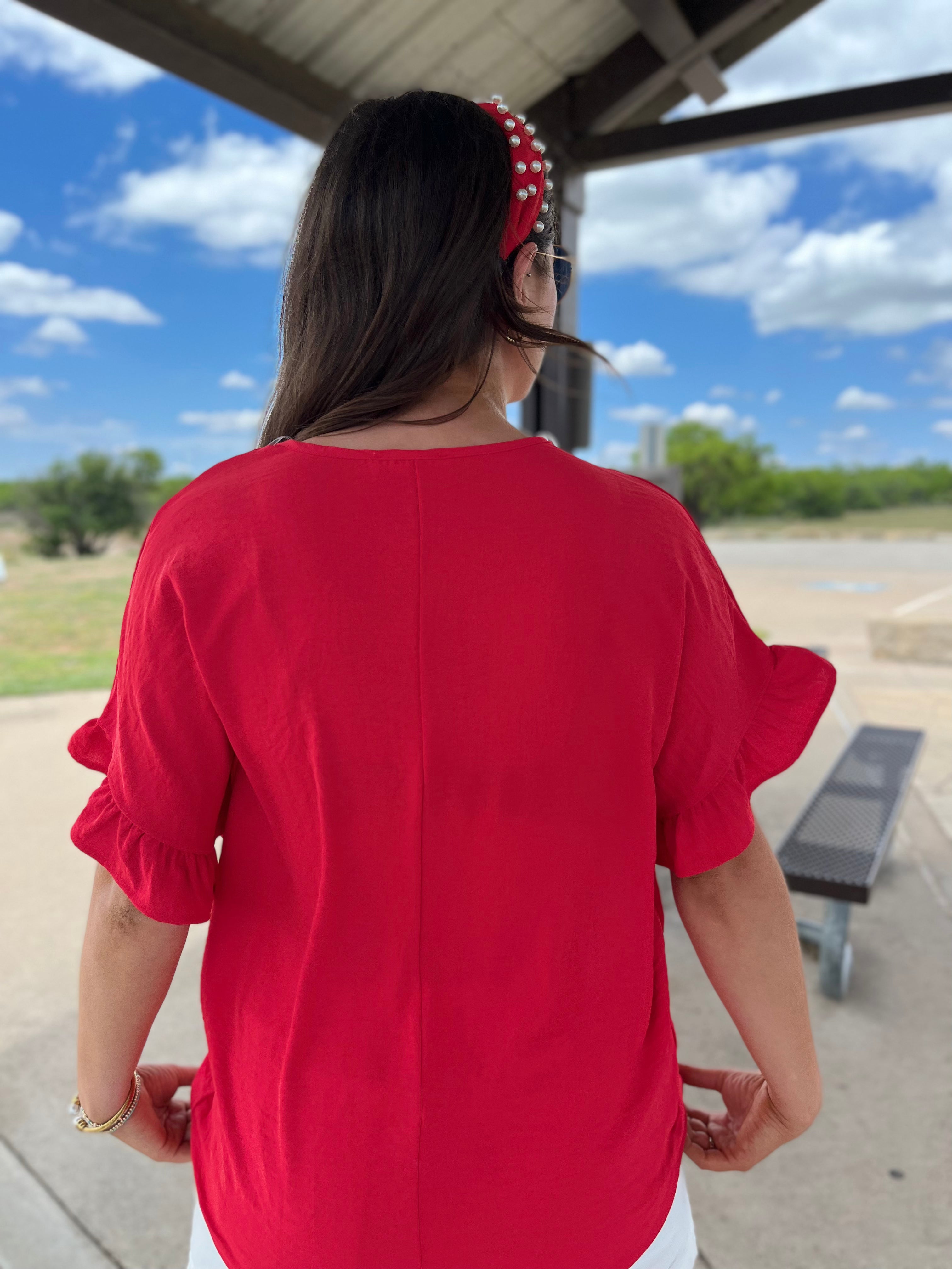 V-Neck Ruffle Detail Top - Red