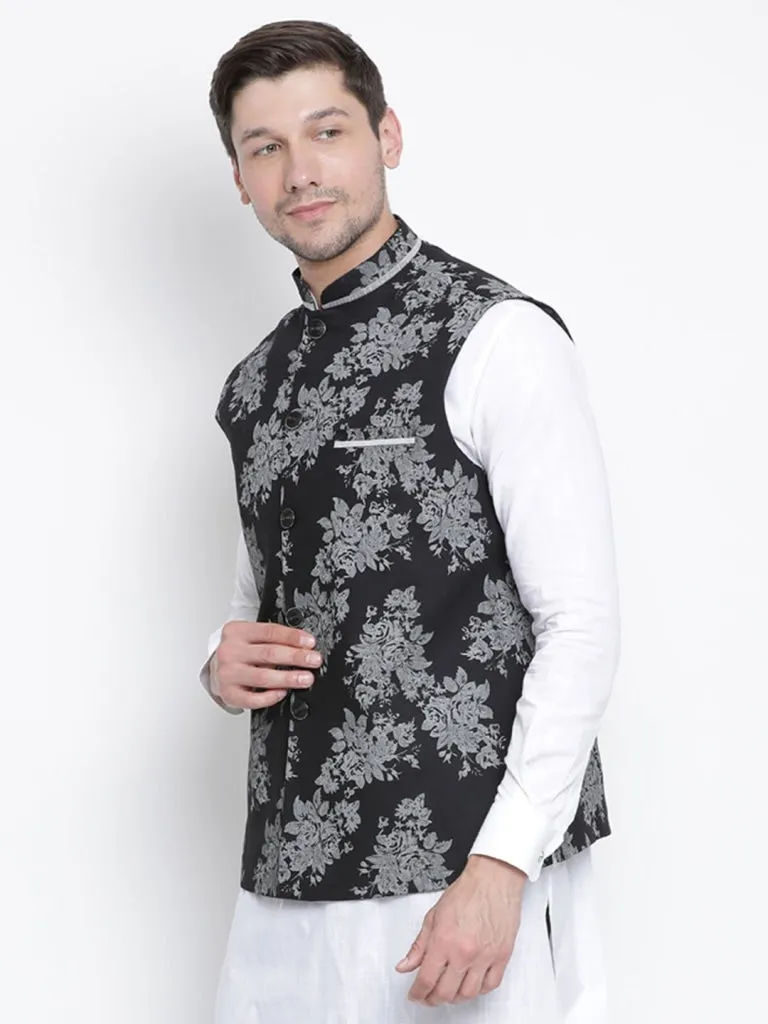 VASTRAMAY Men's Black Cotton Blend Ethnic Jacket