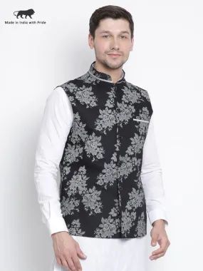 VASTRAMAY Men's Black Cotton Blend Ethnic Jacket