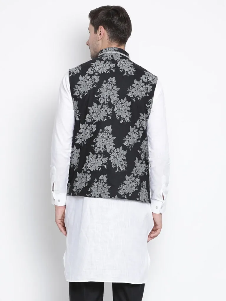 VASTRAMAY Men's Black Cotton Blend Ethnic Jacket