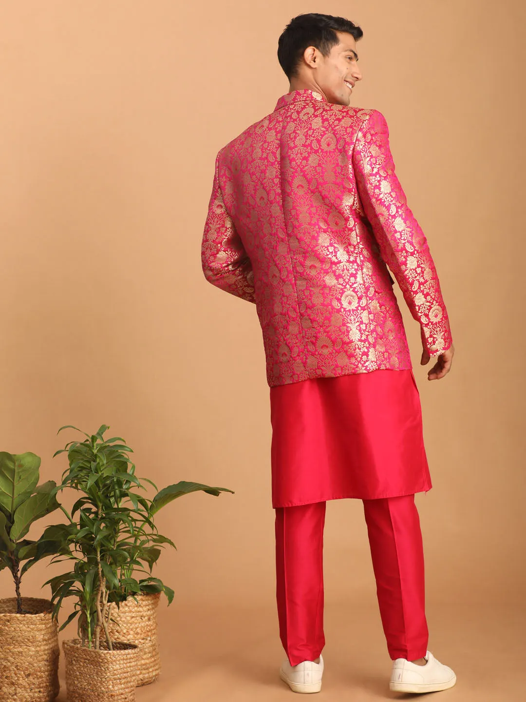 VASTRAMAY Men's Pink Jacquard Blazer With Solid Kurta And Pant Style Pyjama Set