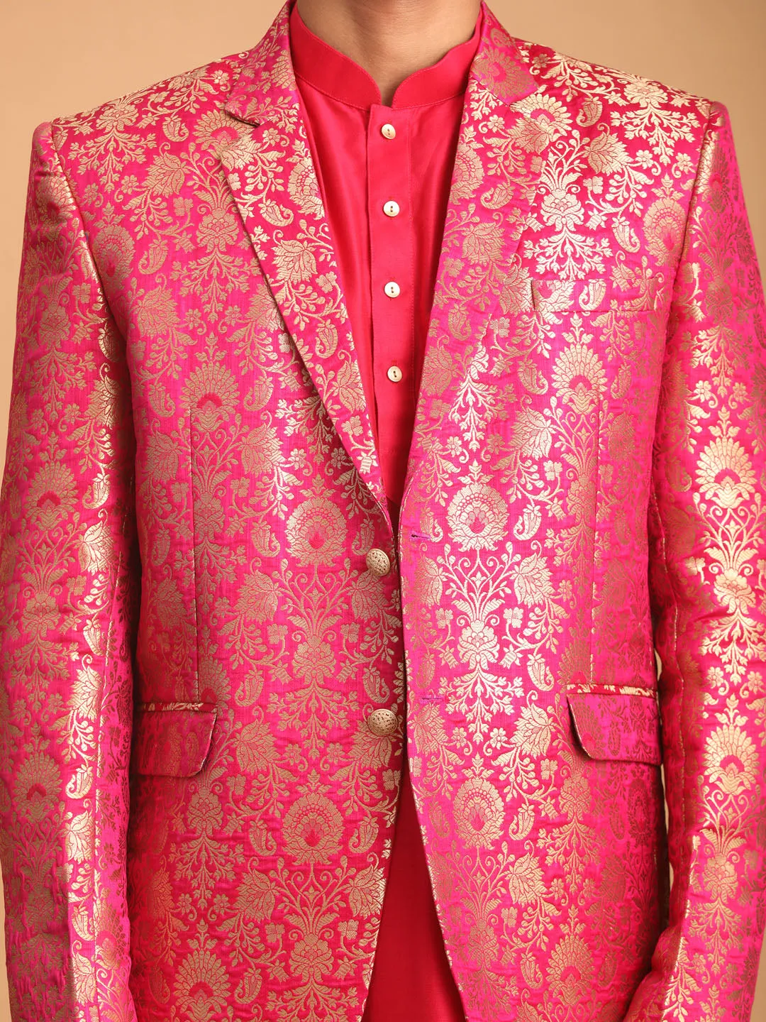 VASTRAMAY Men's Pink Jacquard Blazer With Solid Kurta And Pant Style Pyjama Set