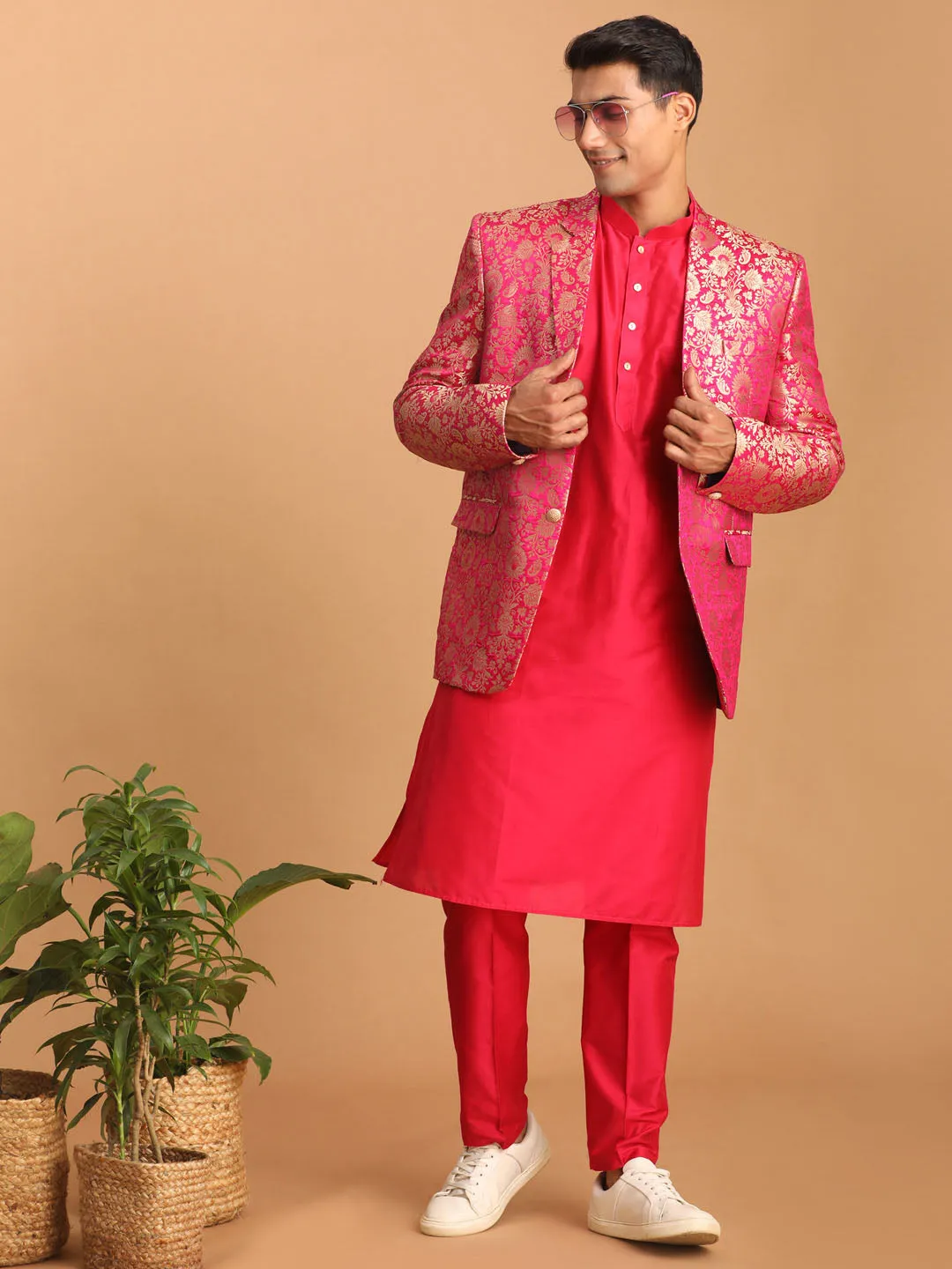 VASTRAMAY Men's Pink Jacquard Blazer With Solid Kurta And Pant Style Pyjama Set