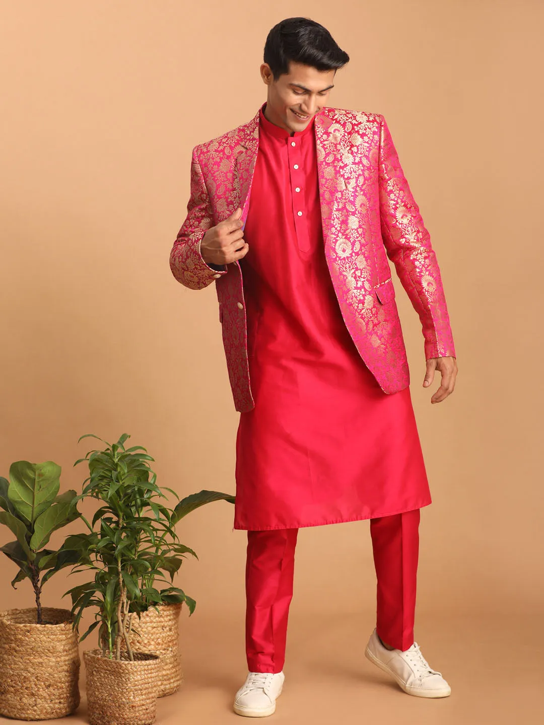 VASTRAMAY Men's Pink Jacquard Blazer With Solid Kurta And Pant Style Pyjama Set