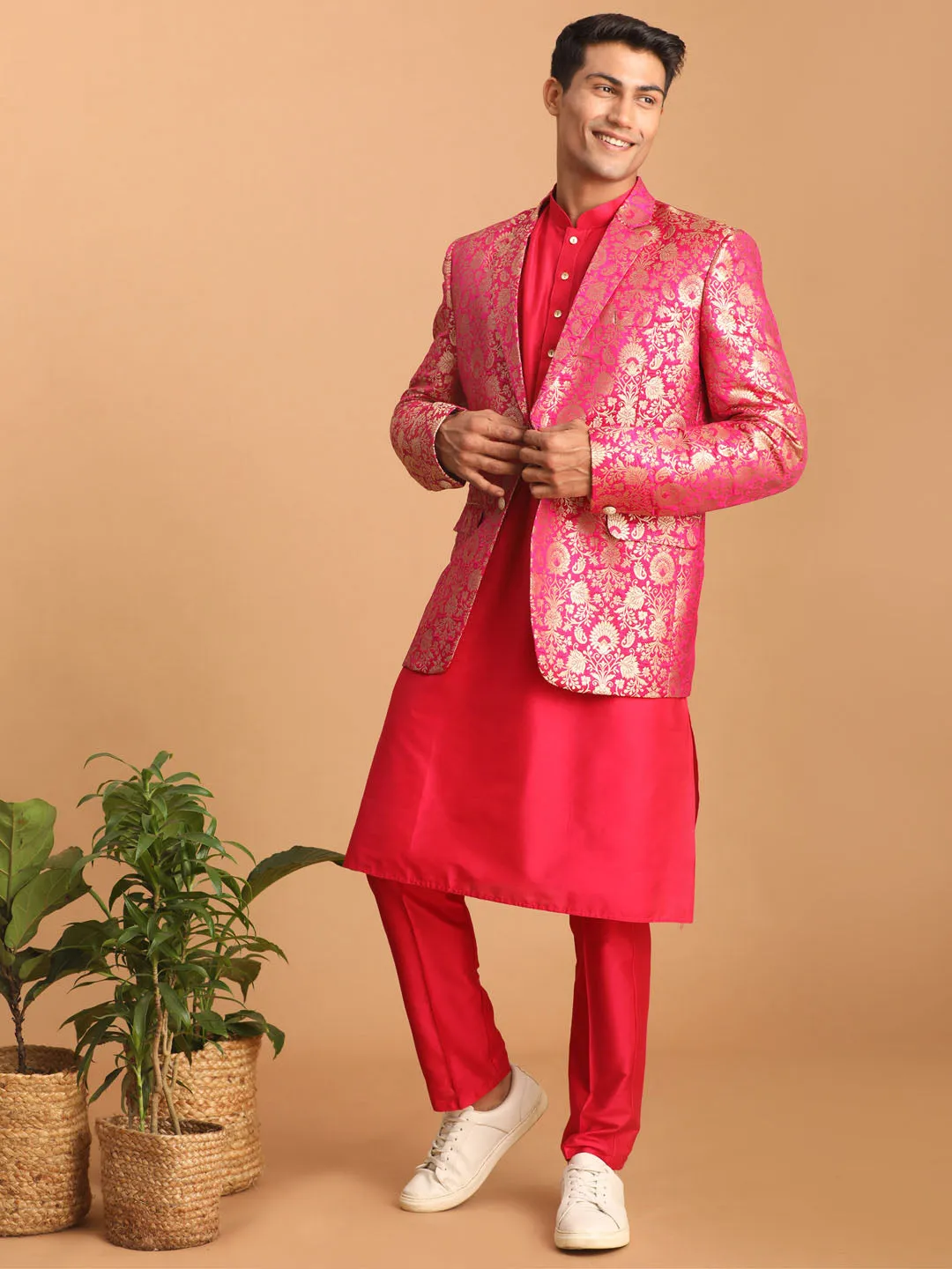 VASTRAMAY Men's Pink Jacquard Blazer With Solid Kurta And Pant Style Pyjama Set