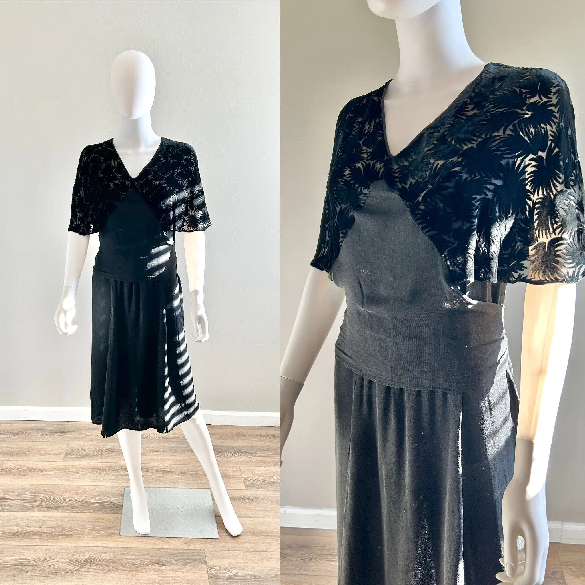 Vintage 1930s Black Rayon Dress with Velvet Caplet / 30s Party Dress / Size L