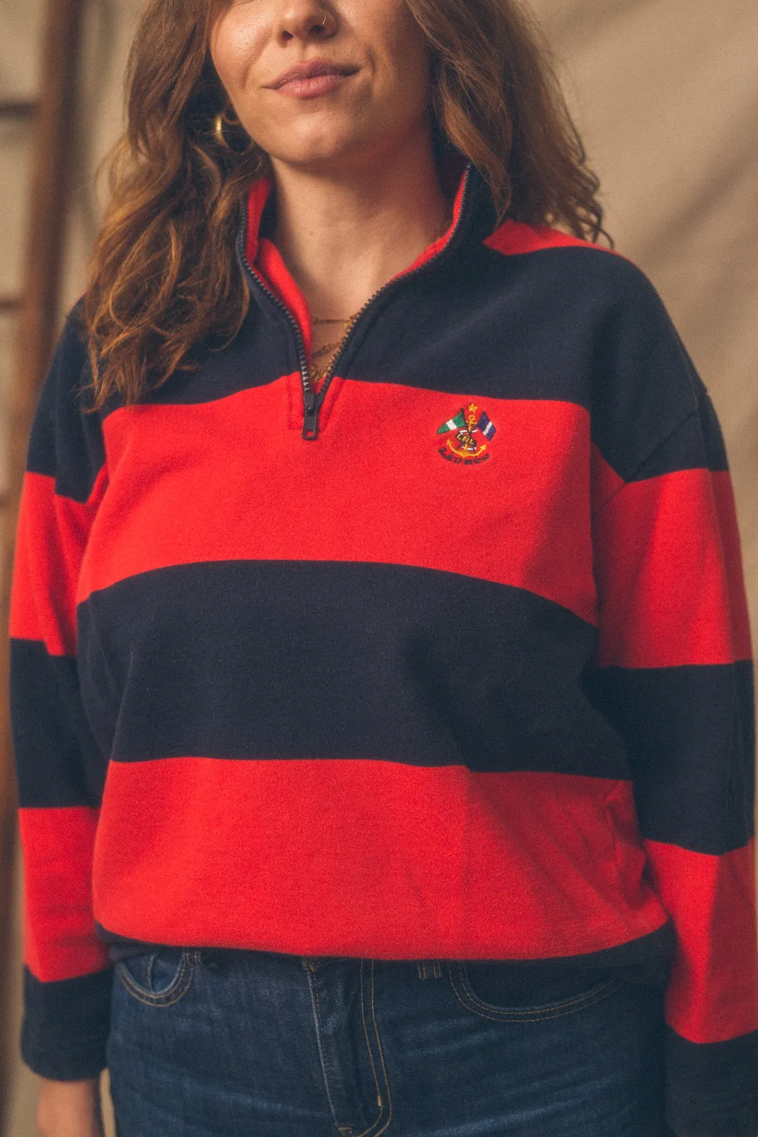 Vintage 90's Ralph Lauren Quarter Zip L/S Polo- Red/Navy Rugby Stripe