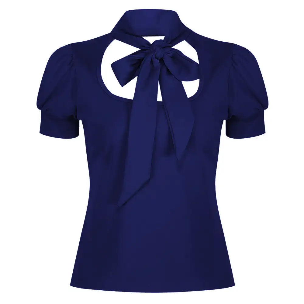 Vintage Navy Blue Puff Sleeve Tie Neck Top