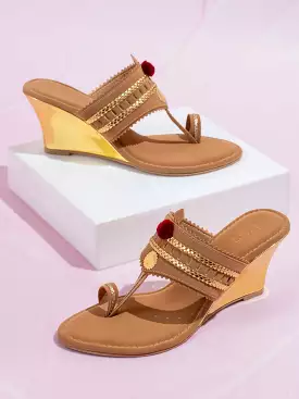 Women Beige & Gold-Toned Textured One Toe Kolhapuri Wedge Heels