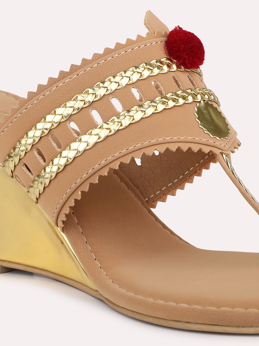 Women Beige & Gold-Toned Textured One Toe Kolhapuri Wedge Heels