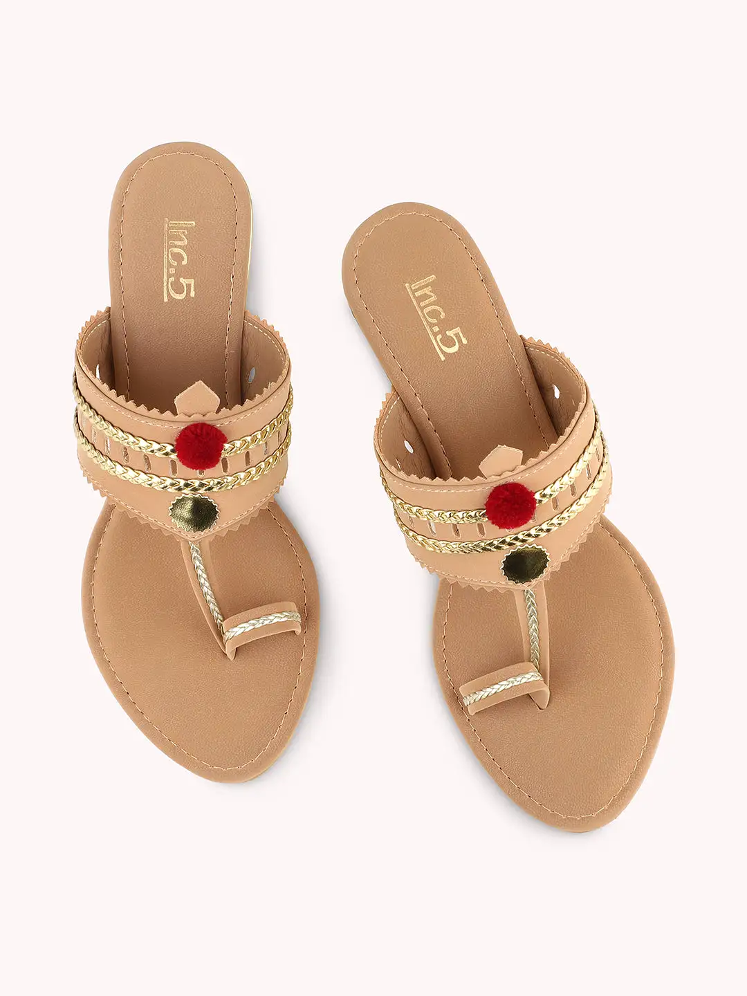 Women Beige & Gold-Toned Textured One Toe Kolhapuri Wedge Heels