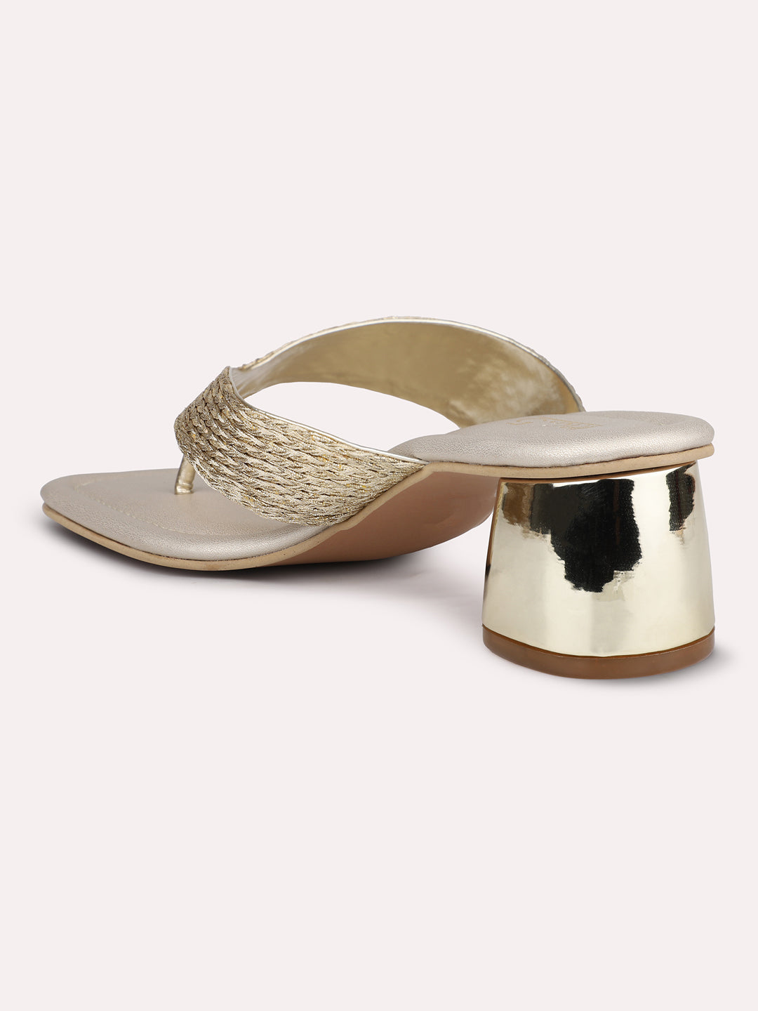 Women Gold Textured Open Toes Block Heels